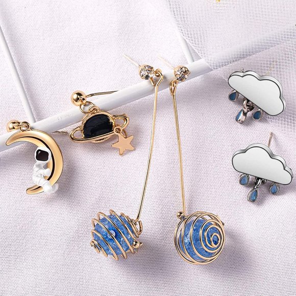 Space Accessories - New 4 Pairs Astronaut Stud Earrings Asymmetric Spaceman Star Moon Earrings Plane